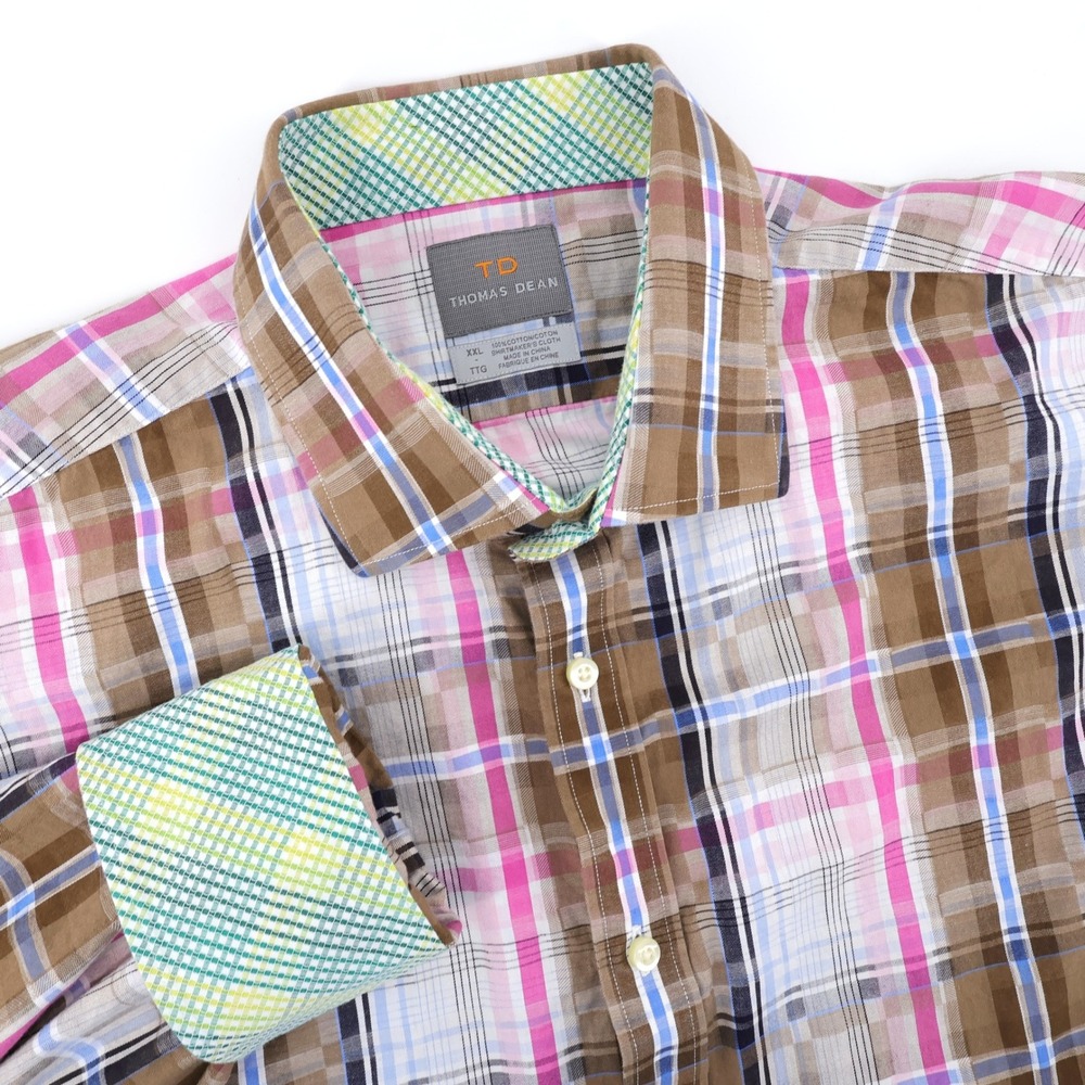 Thomas Dean Flip Cuff Plaid Long Sleeve Button Down Shirt Brown Pink Mens XXL
